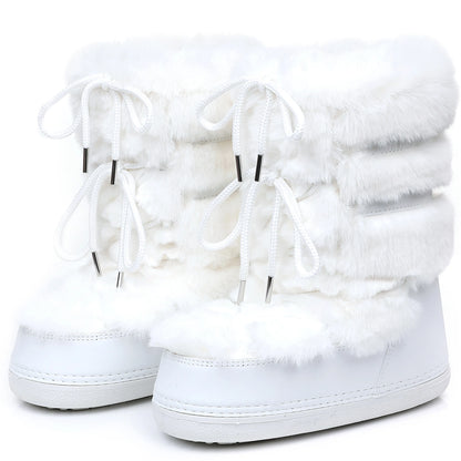 2025 Winter White Mid-calf Boots Women Fur Boots Brand Luxury Fluffy Fur Snow Boots Female Thick Fur Non-slip Cotton Boots