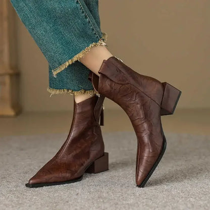 2025 Pointed Toe Women Western Cowgirl Boots Fashion Slip on Chelsea Booties Retro Style Autumn Female Thick Heel Shoes Heel 5CM
