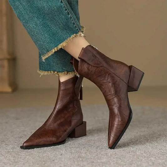 2025 Pointed Toe Women Western Cowgirl Boots Fashion Slip on Chelsea Booties Retro Style Autumn Female Thick Heel Shoes Heel 5CM