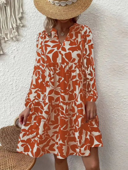 AD | 2024 Ladies Sommar Elegant V-Neck Plisserad Linje Sundress Boho Print Mini Dress Casual Lös Oversize Beach Sundress