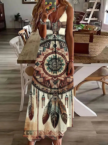 AD | 2024 Ny 3D Uggla Vintage Print Ärmlös Vest Lång Kvinnor Tribal Mönster Spaghetti Strap Klänning Sommar Lång Lös Vest Klänningar