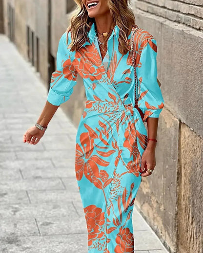 AD | 2024 AliExpress Europeiska och amerikanska gränsöverskridande nya mode tryckt skjorta krage snörning upp midi randig klänning
