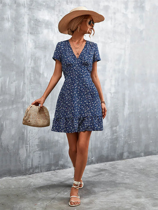 AD | Kort Boho V-Neck Blommor Bohemiska blommor Mini Midiklänningar
