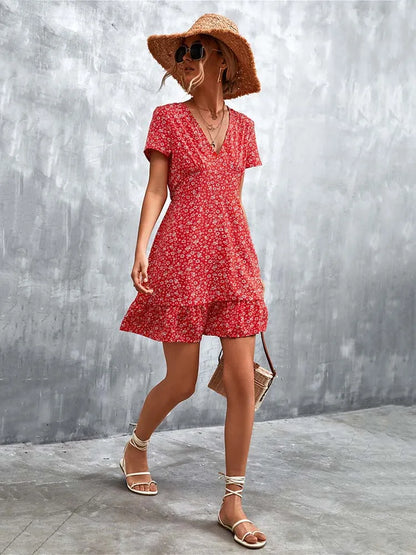 AD | Kort Boho V-Neck Blommor Bohemiska blommor Mini Midiklänningar
