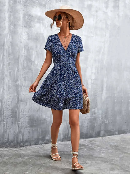AD | Kort Boho V-Neck Blommor Bohemiska blommor Mini Midiklänningar