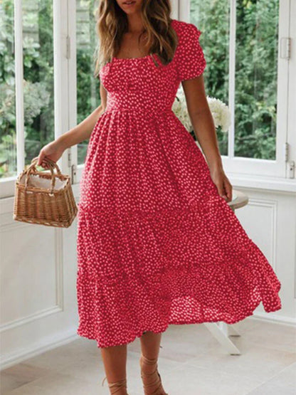 AD | Vintage Print Puffärm Beach Sweet Square Floral Maxi Lång Festa Midiklänningar