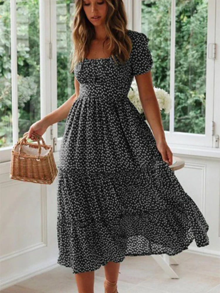 AD | Vintage Print Puffärm Beach Sweet Square Floral Maxi Lång Festa Midiklänningar
