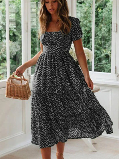 AD | Vintage Print Puffärm Beach Sweet Square Floral Maxi Lång Festa Midiklänningar