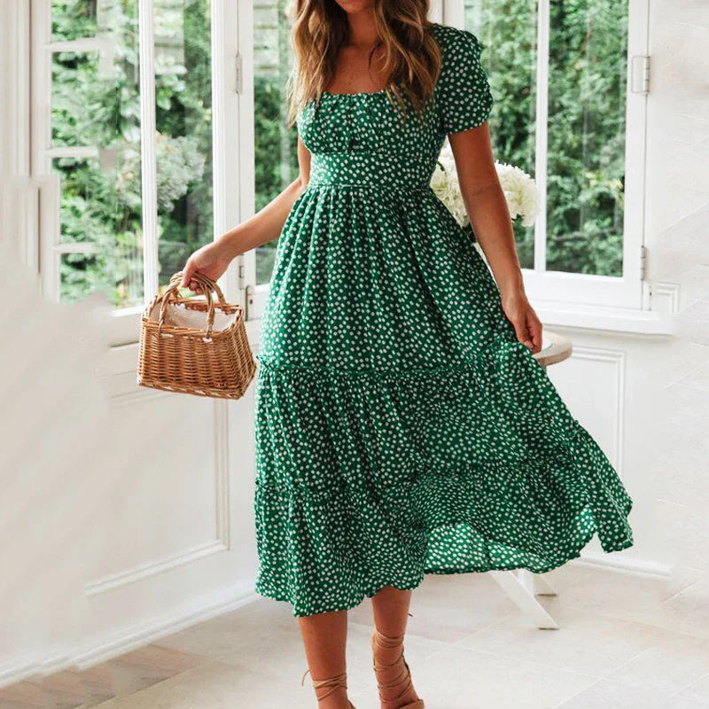 AD | Vintage Print Puffärm Beach Sweet Square Floral Maxi Lång Festa Midiklänningar