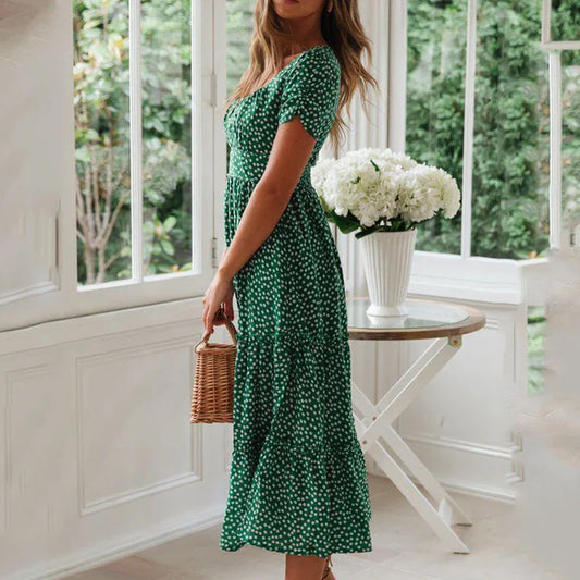 AD | Vintage Print Puffärm Beach Sweet Square Floral Maxi Lång Festa Midiklänningar