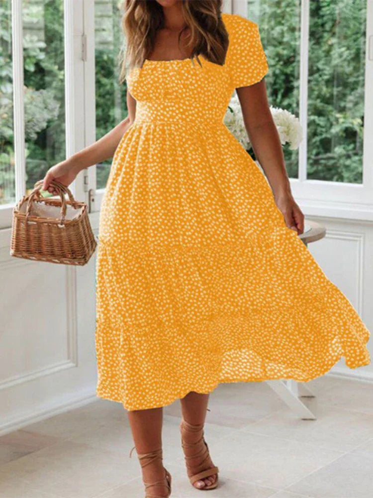 AD | Vintage Print Puffärm Beach Sweet Square Floral Maxi Lång Festa Midiklänningar