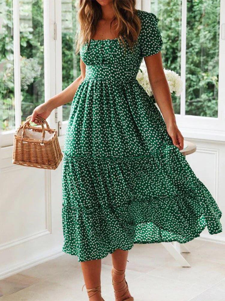 AD | Vintage Print Puffärm Beach Sweet Square Floral Maxi Lång Festa Midiklänningar