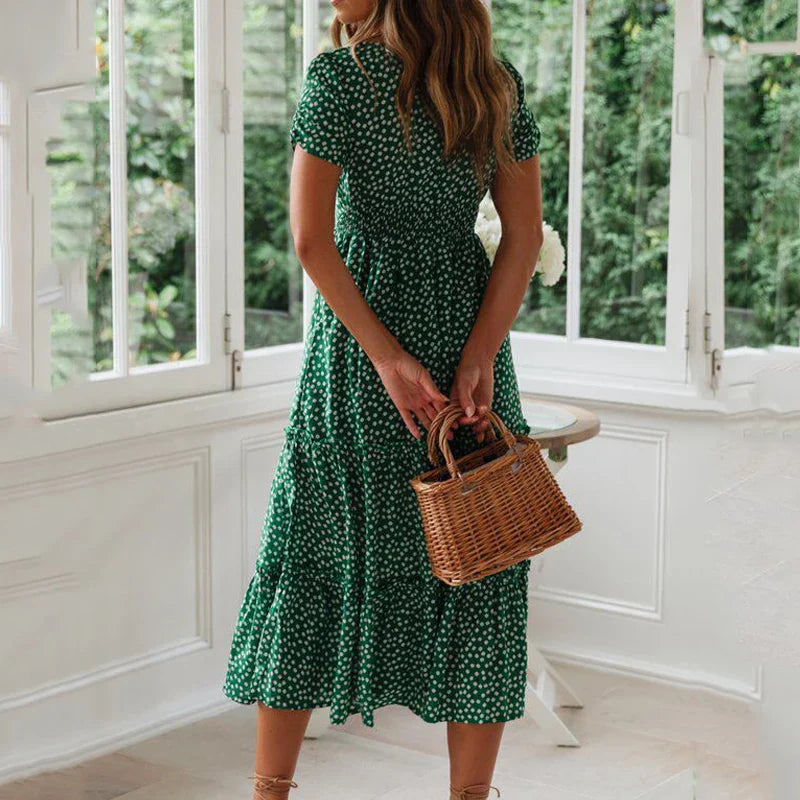 AD | Vintage Print Puffärm Beach Sweet Square Floral Maxi Lång Festa Midiklänningar