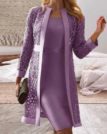 AD | Ladies Spets Cardigan Klänning Tvådelat Set