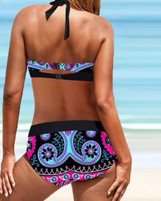AD | Plus Size Vintage Blomstertryck Spets Upp Halter V-Neck Sexig Bikini Set