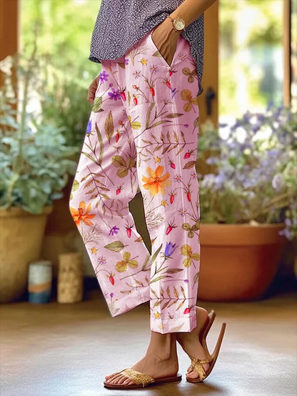 AD | Blommig design för kvinnor Lösa fickor med patchwork och avslappnade byxor