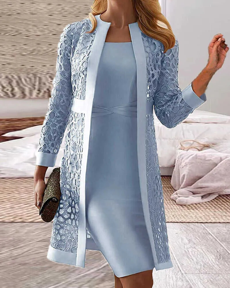 AD | Ladies Spets Cardigan Klänning Tvådelat Set