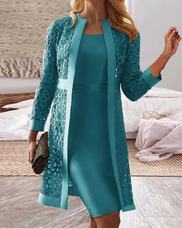 AD | Ladies Spets Cardigan Klänning Tvådelat Set