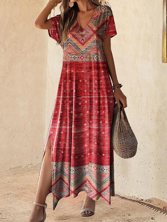 AD | Vintage Folk Geometrisk Custom Geometrisk Kortärmad Maxiklänning med V-hals
